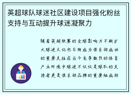 英超球队球迷社区建设项目强化粉丝支持与互动提升球迷凝聚力